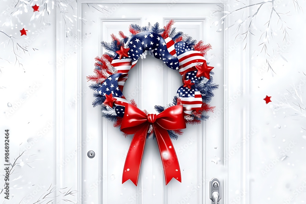 Poster Photograph of a red, white and blue door wreath with stars hung on a white door