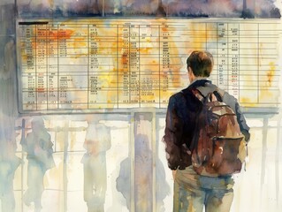 Watercolor painting of a young man looking at an announcement on a board.