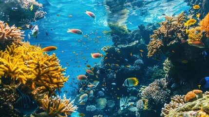 A vibrant underwater scene with colorful coral reefs, schools of fish, and clear blue water.