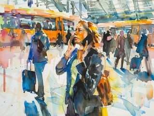 Watercolor painting of a woman talking on the phone while traveling on a bus.