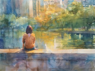 Watercolor painting of a woman relaxing on the edge of a pond in a park.