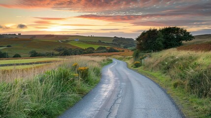 Fototapeta premium A winding country road stretching into the distance, with fields on either side and the sky painted with the warm hues of dusk.