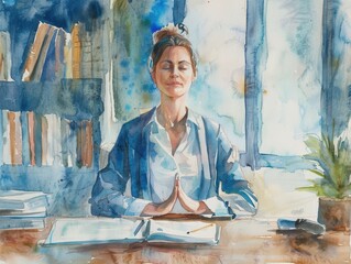 Watercolor painting of a woman meditating before starting work.