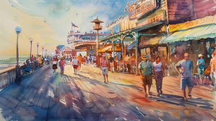 Watercolor paintings of beachside attractions crowded with people on holiday.