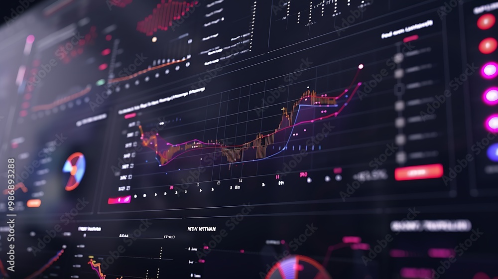 Poster computer screen displaying various stock market charts and graphs, depicting financial data and indi