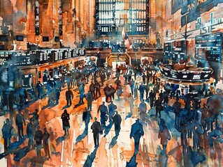Watercolor paintings of many people in buildings for traveling.