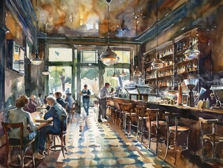 Watercolor painting of a vintage liquor store. Lifestyle, Interior