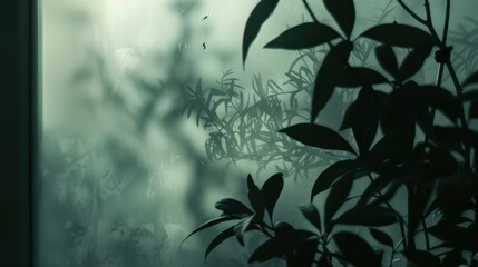 Abstract view of frosted glass with a silhouette of a plant behind it