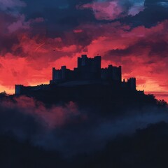 Obraz premium An ancient castle perched on a hill, silhouetted against the colorful dusk sky, with a slight mist adding a mystical touch.
