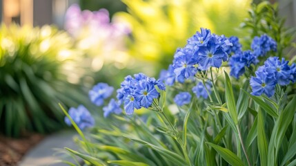 Close-up of blue flowers in a garden, natural light,