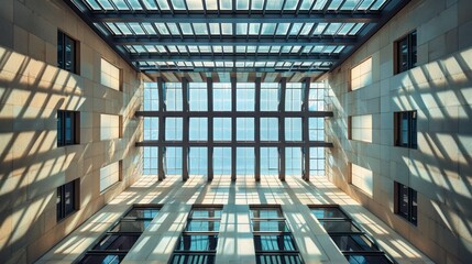 Architectural shot of a geometric glass ceiling in a contemporary building, with patterns of light and shadow.
