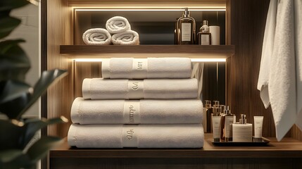 A luxurious 3D illustration of a name-embroidered towel set elegantly arranged in a stylish bathroom setting. The plush towels, featuring personalized embroidery, are displayed neatly on a wooden 