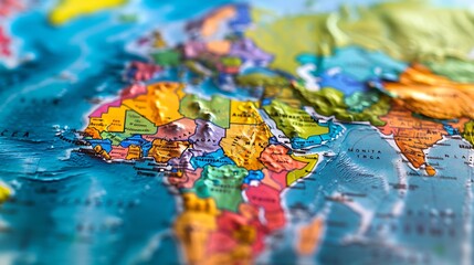 Close-up shot of a colorful world map with focus on Africa and surrounding regions for representing geography global awareness cultural diversity and international perspective concept.