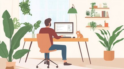 Flat Vector Illustration of a Man Working at His Computer from Home, Surrounded by Plants and a Cat