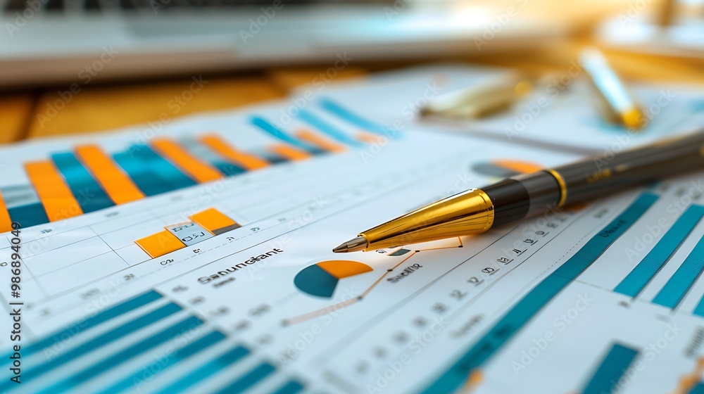 Poster Pen resting on a financial report with charts and graphs depicting data analysis.
