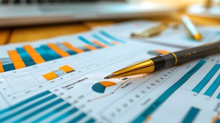 Pen resting on a financial report with charts and graphs depicting data analysis.