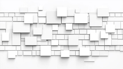 Modern abstract white wall design with overlapping square and rectangular shapes, creating a minimalist aesthetic.