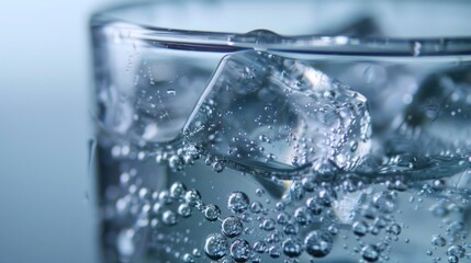 Close-up of a glass of water with ice cubes, creating condensation on the glass
