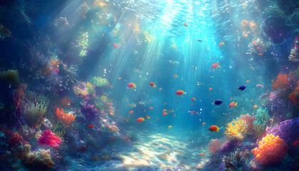 Fototapeta premium A dreamy underwater scene with schools of colorful fish, corals, and rays of sunlight penetrating through the water’s surface