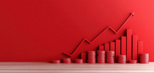 Dynamic graph illustrating financial growth with stacks of coins against a vibrant red background, symbolizing success and progress.