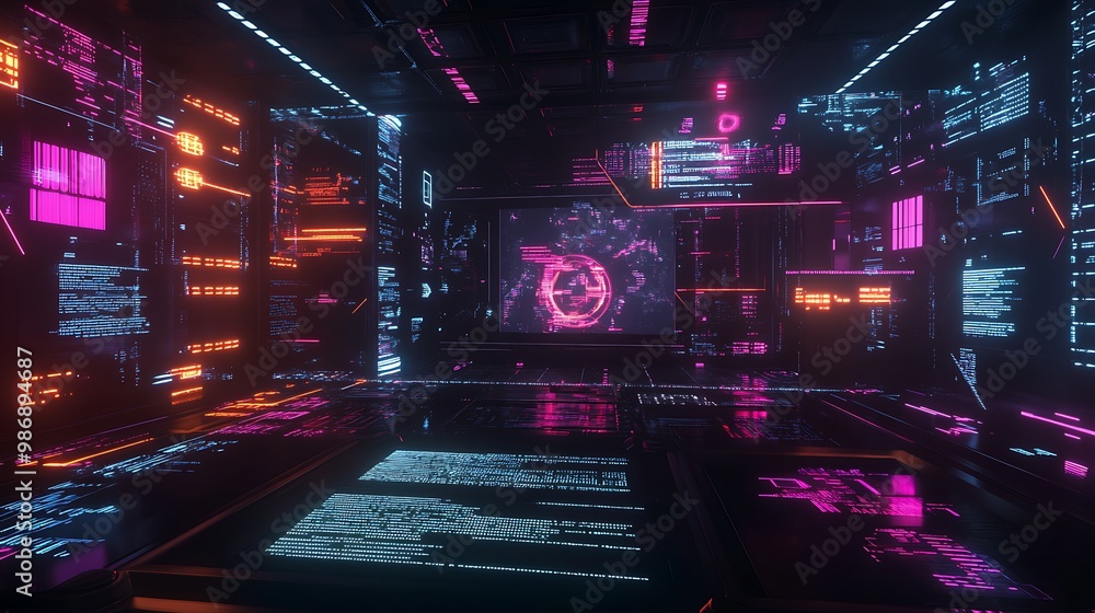 Aufkleber A futuristic, neon-lit room with a holographic display of a data stream, surrounded by screens displaying lines of code, suggesting a high-tech environment where information is readily available.