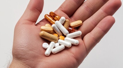 Open hand showing various pills on a white background.