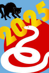 やんのかステップの黒猫と白蛇の2025・年賀状デザイン