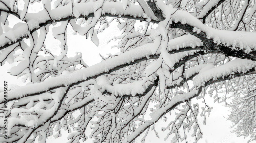 Aufkleber close-up of tree branches heavy with snow, highlighting the delicate and intricate patterns.