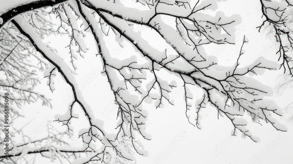 Aufkleber close-up of tree branches heavy with snow, highlighting the delicate and intricate patterns.