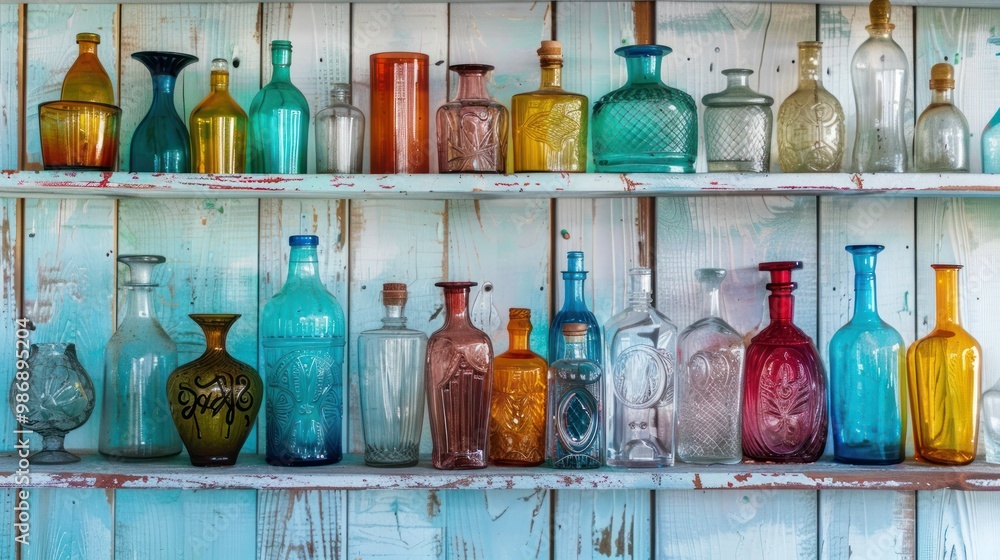 Poster collection of colorful glass bottles of various shapes and sizes arranged on a shelf