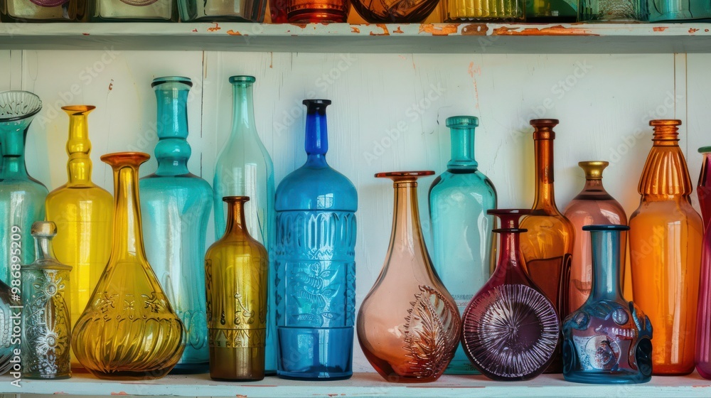 Poster collection of colorful glass bottles of various shapes and sizes arranged on a shelf