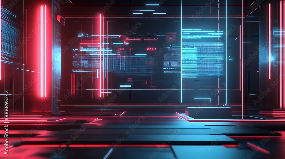 Aufkleber abstract futuristic cyberpunk background with neon lights, glowing lines, and digital code in a dark