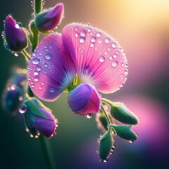 A closeup of Sweet Pea flower with dew drops