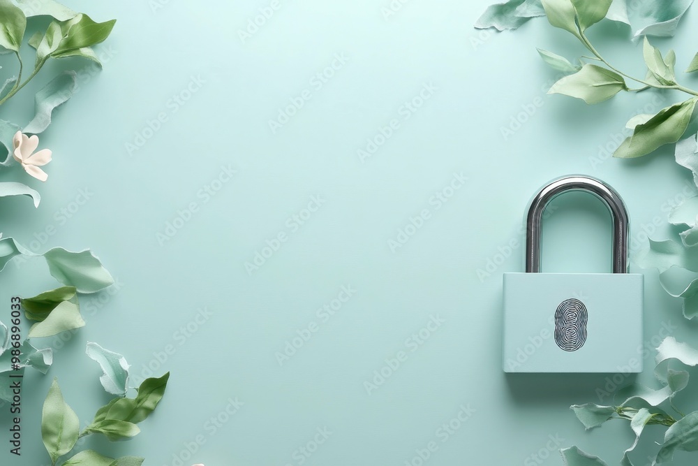 Poster a padlock with a fingerprint scanner resting on a glossy surface representing dual protection, showc