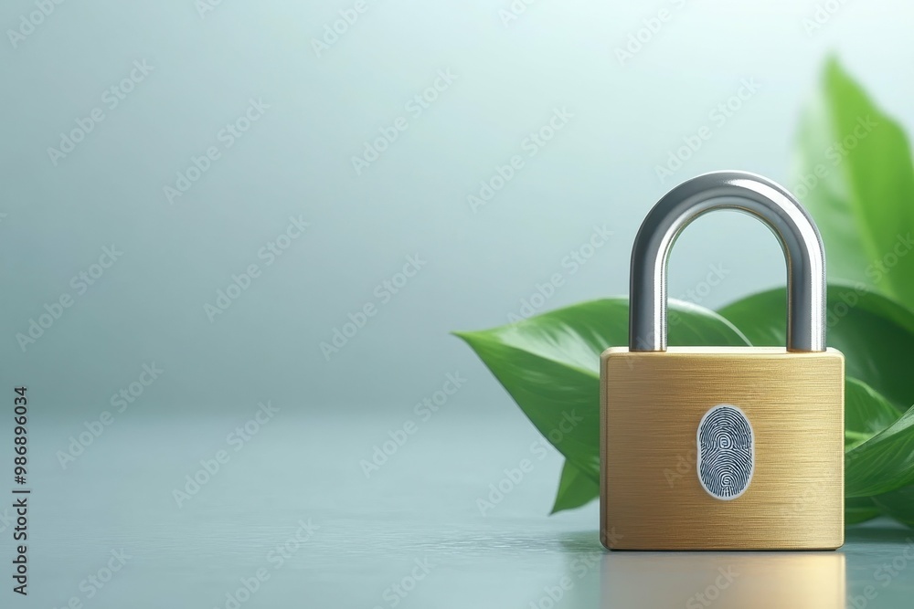 Poster a padlock with a fingerprint scanner resting on a glossy surface representing dual protection, showc