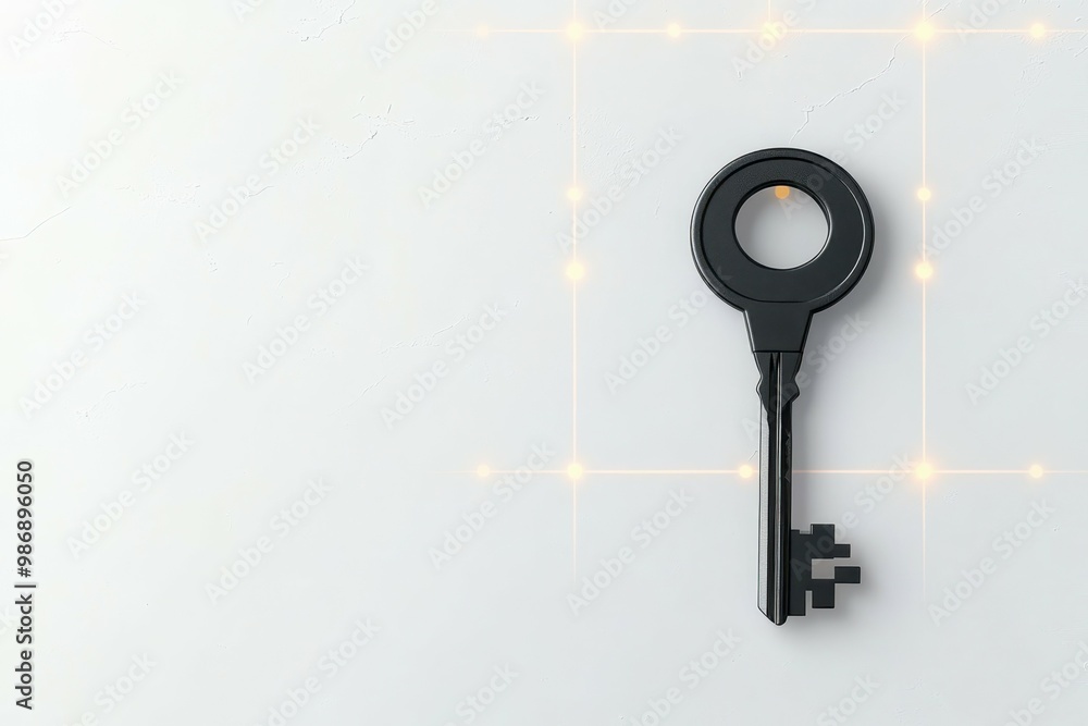 Fototapete a simple key resting on a grid of glowing data lines hinting at secure access, indicating the role o