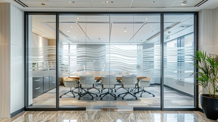 Elegant glass door with an abstract etched design, separating a spacious boardroom from a sophisticated office environment.