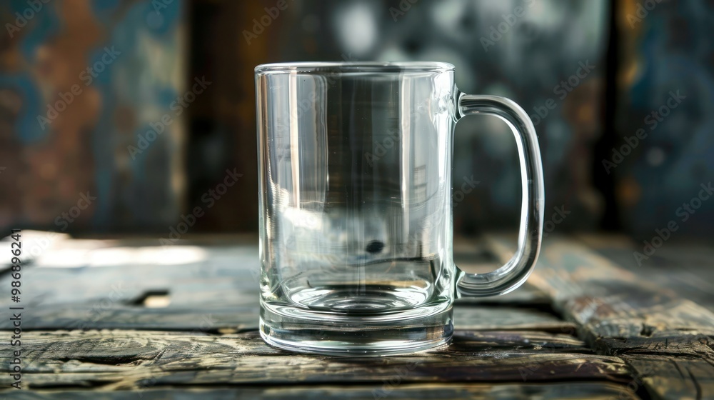 Poster empty glass mug with a handle, placed on a rustic table with a soft light source.
