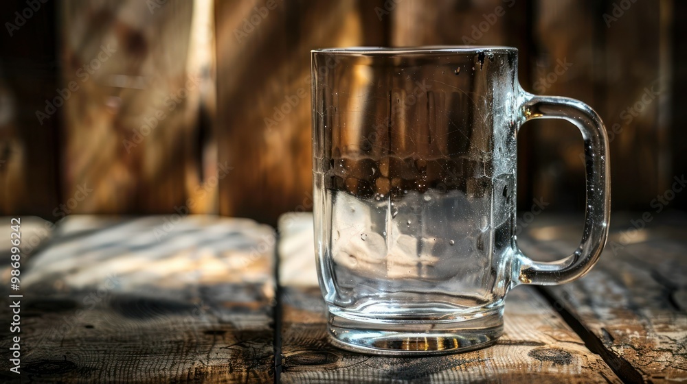 Poster empty glass mug with a handle, placed on a rustic table with a soft light source.