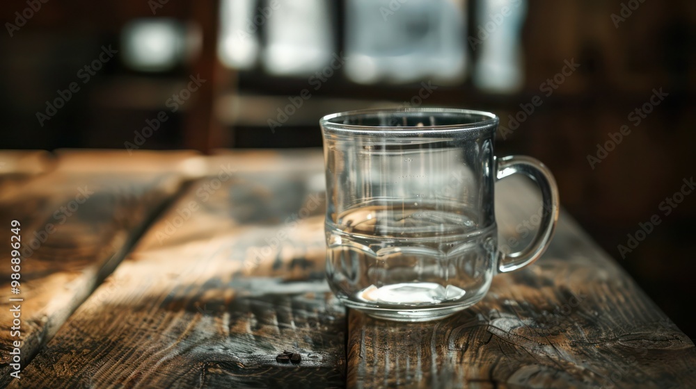 Poster empty glass mug with a handle, placed on a rustic table with a soft light source.