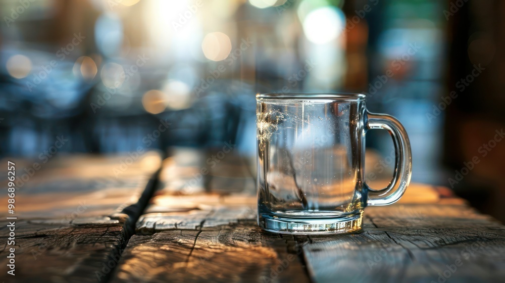 Poster empty glass mug with a handle, placed on a rustic table with a soft light source.
