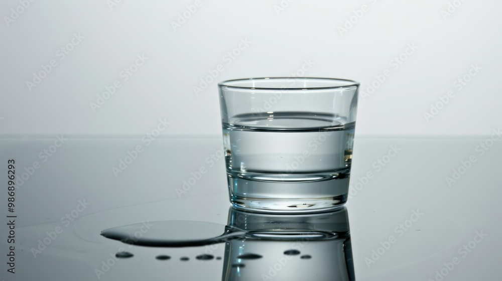 Poster empty glass with a few drops of water left at the bottom, positioned on a reflective surface.