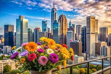 Colorful flower bouquet on balcony with urban skyline view