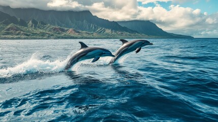 A stunning photograph of dolphins leaping out of the water near Hawaii Island