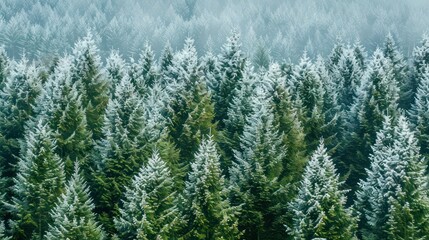 Fototapeta premium Evergreen trees covered in a light dusting of snow, providing a contrast of green and white