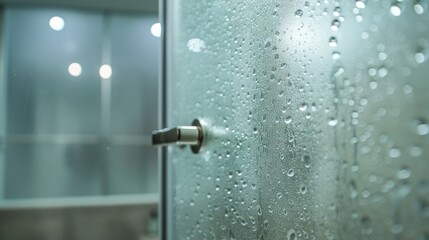Frosted glass shower door in a modern bathroom, with water droplets visible