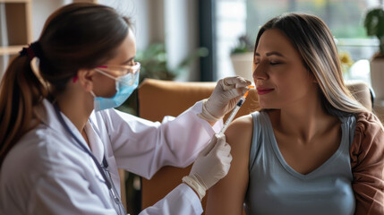 woman getting injections from a doctor. A healthcare professional administers a vaccine to a patient.