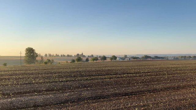 vineyard in the morning, sunset in the countryside, czech autumn landscape, panoramic view village Hnevosice, silesia region, Opava, 