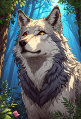 森の中で灰色のオオカミが空を見上げている,AI画像,Generative AI