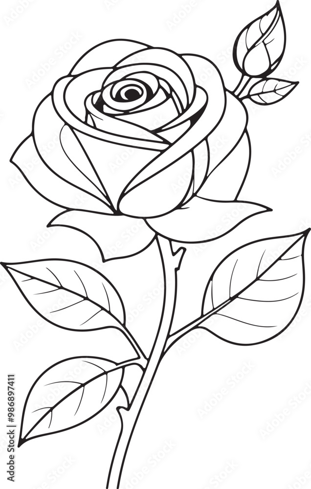 Poster a single elegant rose with a stem and leaves depicted in a continuous line drawing style